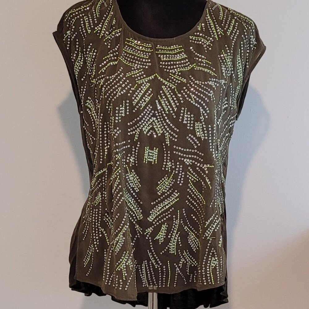 Willow  & Clay Anthropology Olive Green Sheer-Front Beaded Tank / XL